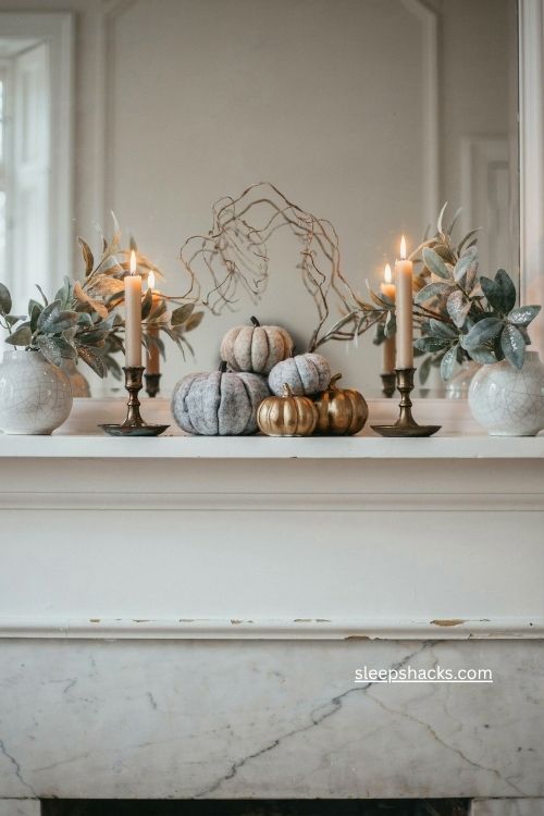 Silver foliage and gold accents on an elegant white fall fireplace mantel