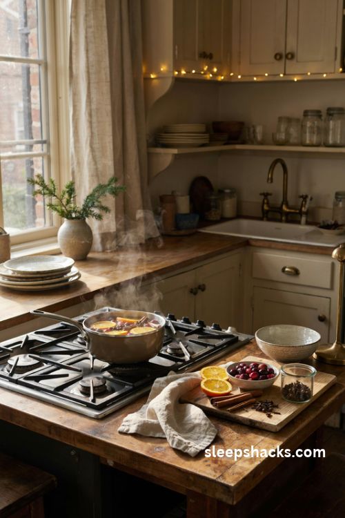 Simmering orange slices cinnamon sticks and cranberries for a cozy christmas kitchen