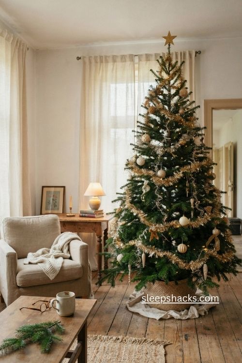 Simple Christmas tree with gold and silver tinsel and cozy living room decor