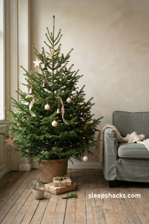 Simple Christmas tree with minimal ornaments and cozy neutral farmhouse decor