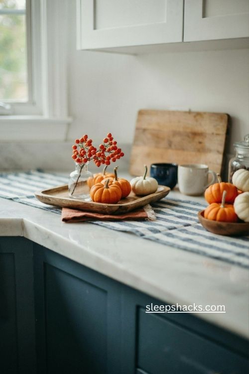 Simple blue and white kitchen fall centerpiece with orange berries and pumpkins