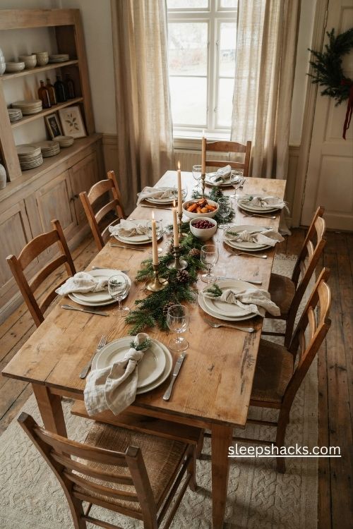 Simple christmas dinner table settings with natural greenery and cozy candlelight