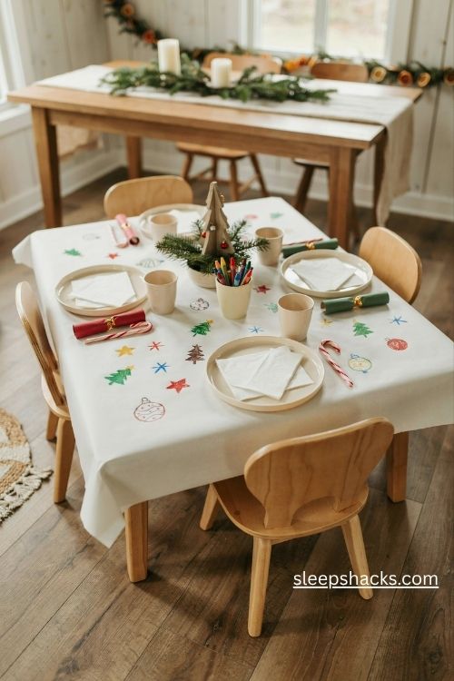 Simple christmas kids table with white paper crayons and festive place settings