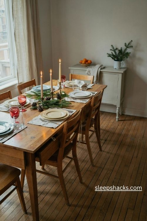 Simple christmas table settings with candles greenery and neutral farmhouse decor