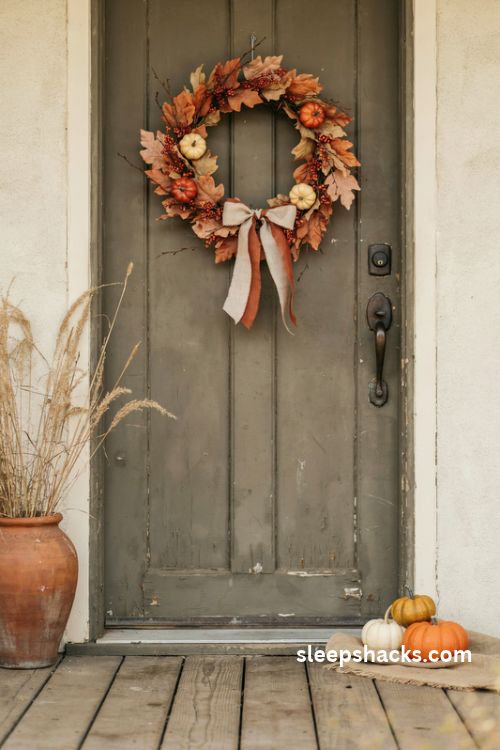Simple fall wreath with autumn leaves mini pumpkins and a rustic linen bow on a farmhouse front door