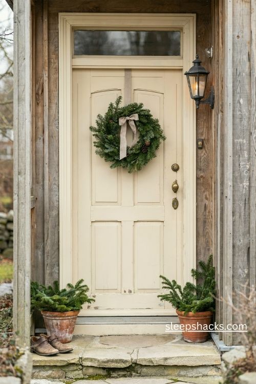 Simple front door Christmas decor ideas with a natural evergreen wreath and rustic planters