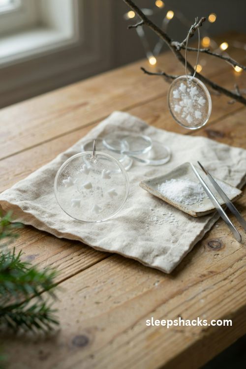 Simple fused glass snowflake disc ornament with white frit