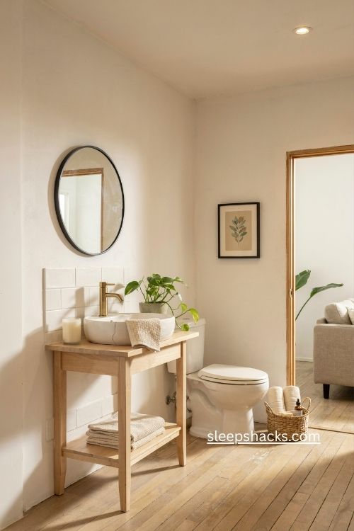 Simple guest Bloxburg bathroom ideas with neutral decor and fresh towels