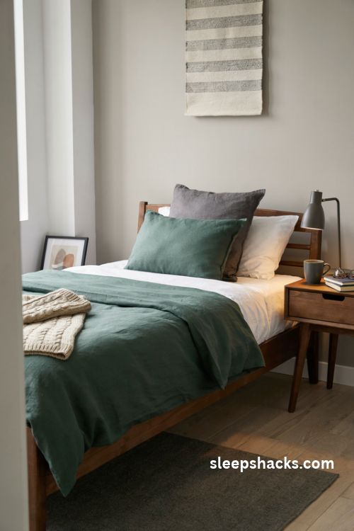 Simple layered bedding with navy duvet and textured throw in a small men's bedroom