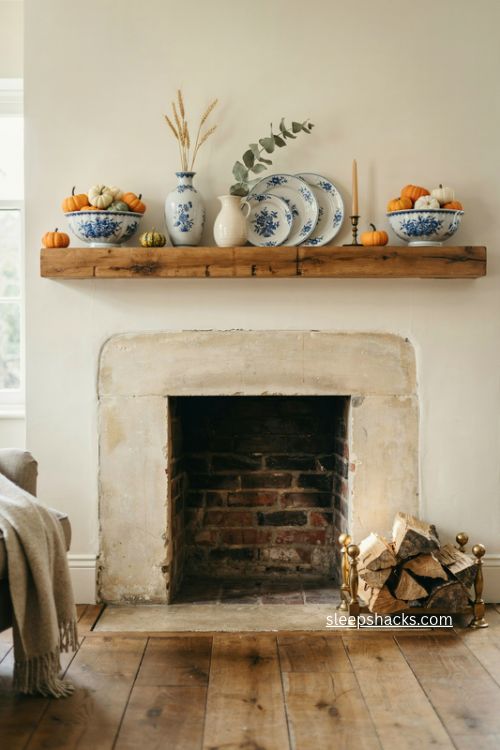 Simple mini pumpkin fireplace mantel decor with blue and white bowls 