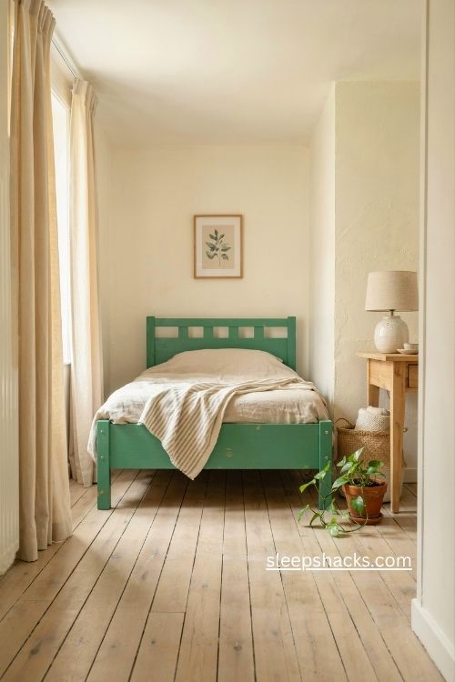 Single bedroom ideas with colorful green bed frame and soft neutral decor