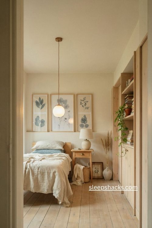 Single bedroom ideas with ceiling color oversized wall art and statement pendant