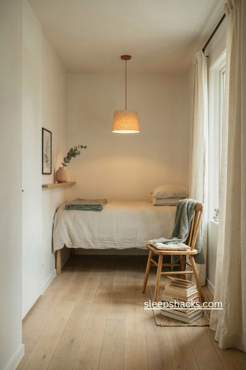 Single bedroom ideas with ceiling pendant lighting and space saving decor