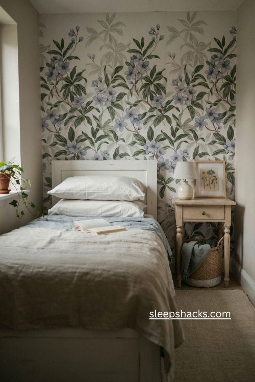Single bedroom ideas with floral wallpaper behind the bed and white headboard