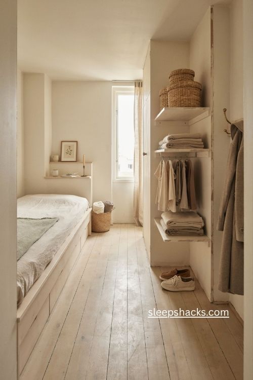Single bedroom ideas with hidden under bed storage and tall wardrobe shelving