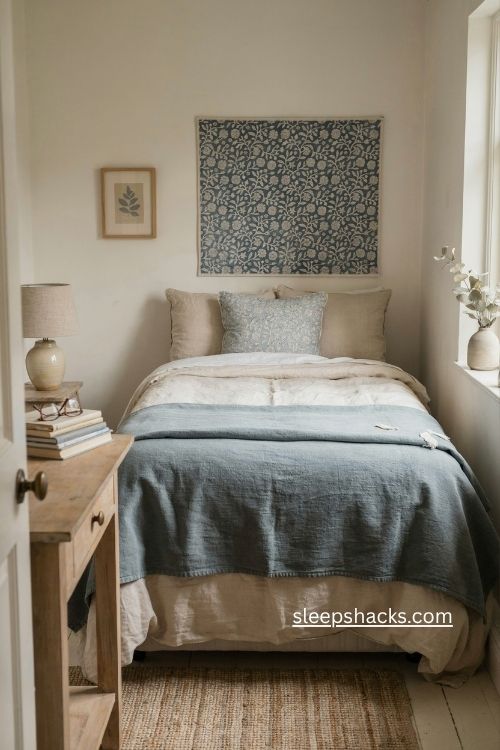 Single bedroom ideas with layered hotel style bedding and cozy quilted textures