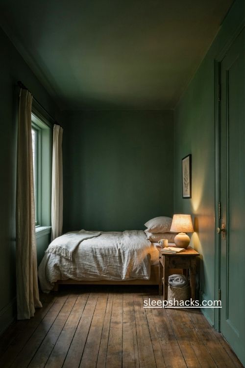 Single bedroom ideas with moody forest green walls and cozy dark color