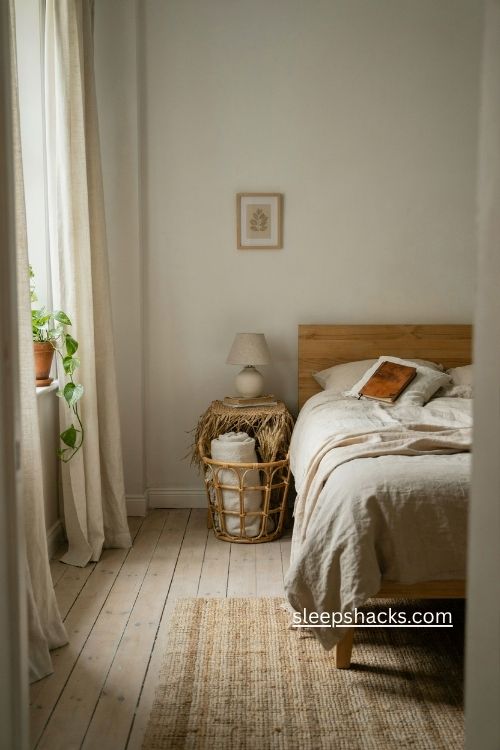 Single bedroom ideas with natural wood jute rattan and cozy woven textures