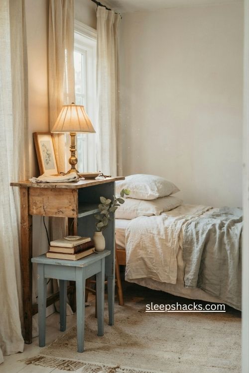 Single bedroom ideas with stacked vintage tables for a charming nightstand