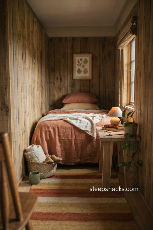 Single bedroom ideas with warm terracotta earth tones and cozy natural textures