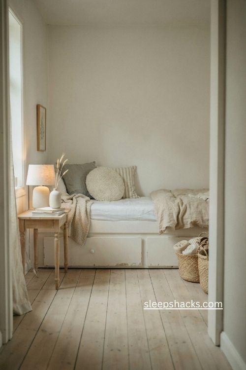 Single bedroom ideas with white daybed built in drawers and cozy seating nook
