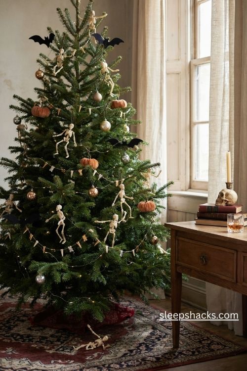 Skeleton ornaments hanging from a green christmas tree with silver baubles and tiny pumpkins