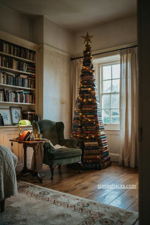Sky high book tower christmas tree with stacked hardcovers and warm lights 