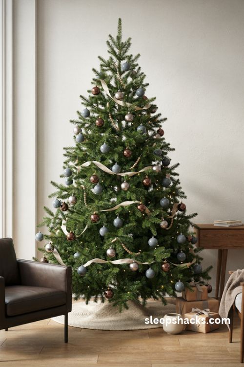 Slate blue and espresso brown Christmas tree with matte ornaments glossy baubles and cream ribbon