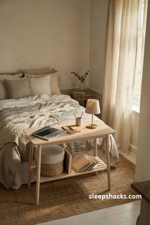 Slim console desk at the foot of the bed in a small bedroom