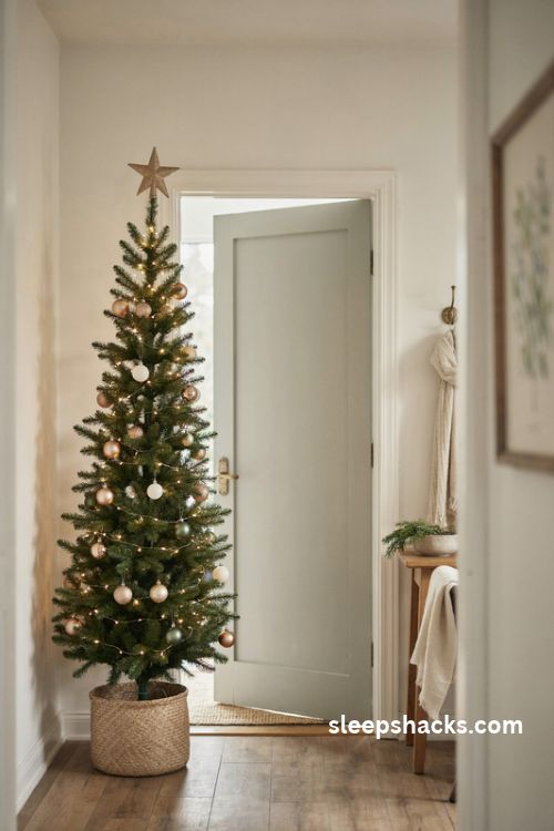 Slim entryway Christmas tree with warm white lights gold ornaments and a woven basket base in a small foyer