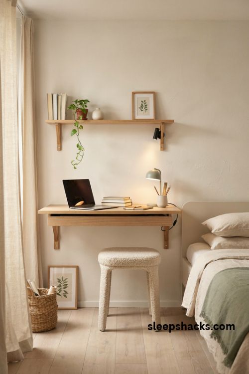 Slim floating study desk for tiny rooms with pale oak shelves and a space saving chair