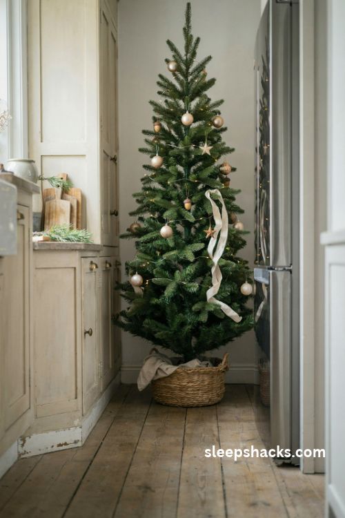 Slim pencil Christmas tree beside a kitchen pantry and refrigerator in a cozy farmhouse kitchen