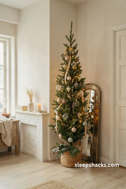 Slim pencil christmas tree ideas for small spaces with woven basket and warm lights