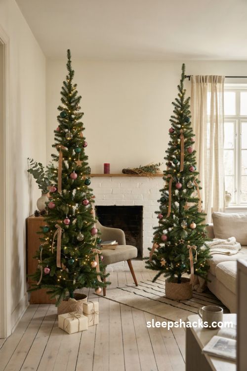 Slim pencil christmas tree with vertical ribbon and warm lights for small living rooms