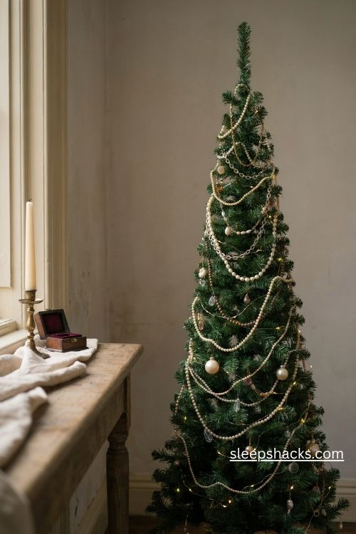 Slim pencil christmas tree wrapped in vintage pearl necklaces gold chains and sparkling crystal pendants
