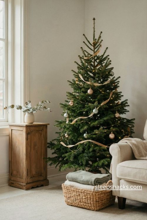 Slim ribbon spiral decorating idea for a cozy 4ft christmas tree