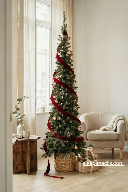 Slim ribbon spiral pencil christmas tree with elegant velvet ribbon and warm holiday lights