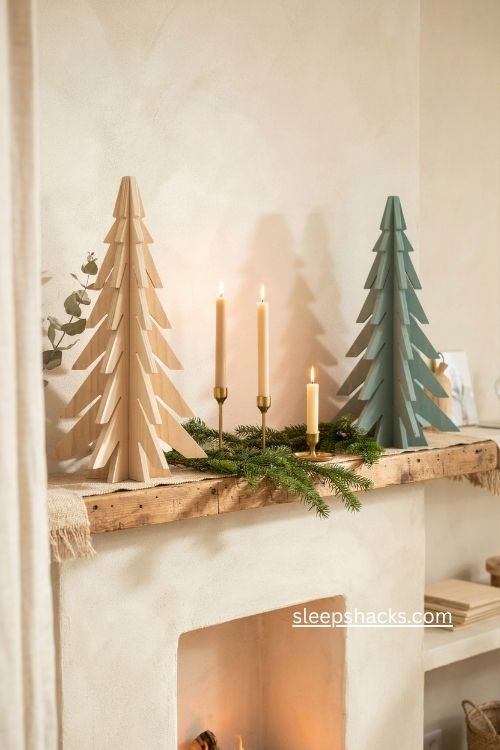 Slotted flat pack wood christmas trees with natural grain and minimalist mantel decor 