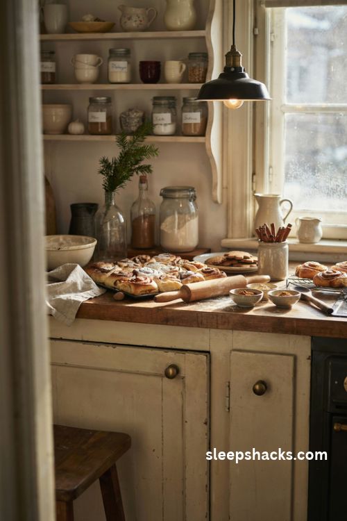 Slow christmas morning baking with cinnamon rolls gingerbread cookies and cozy farmhouse kitchen decor