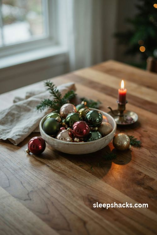 Small Christmas centerpiece with a bowl of vintage ornaments in red green and gold