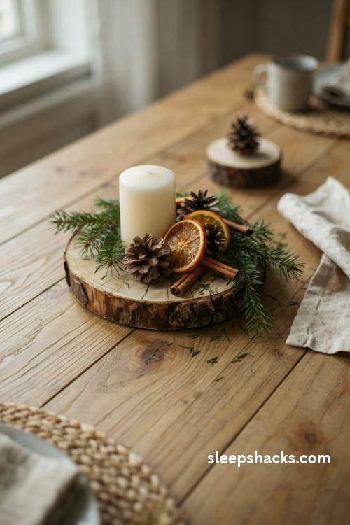 Small Christmas centerpiece with a candle pinecones and dried oranges on a rustic wood slice