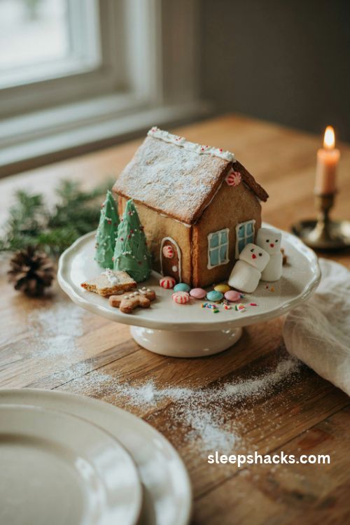 Small Christmas centerpiece with a gingerbread cottage on a cake stand and snowy mini trees