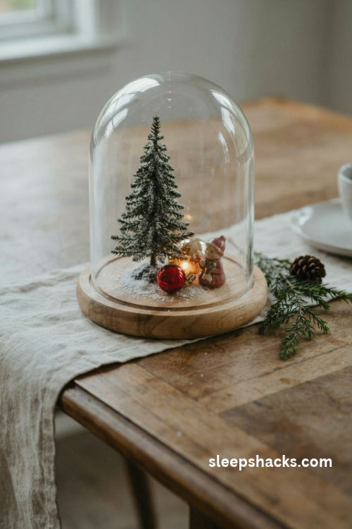 Small Christmas centerpiece with a glass cloche winter scene miniature tree and vintage ornaments