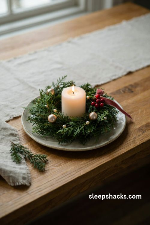 Small Christmas centerpiece with a mini evergreen wreath around an ivory pillar candle