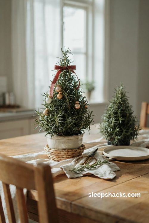 Small Christmas centerpiece with a potted rosemary topiary tree and rustic woven basket