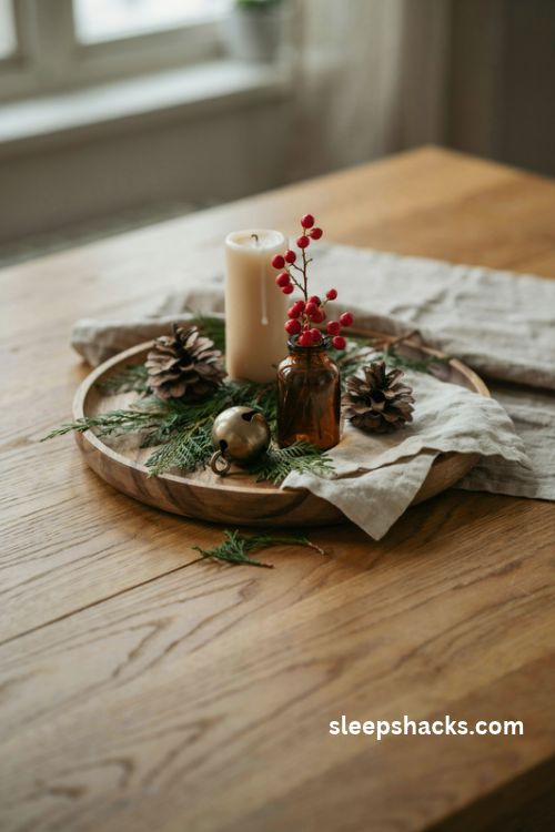 Small Christmas centerpiece with a wooden tray candle pinecones greenery and vintage brass accents