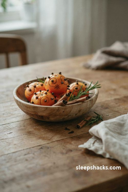 Small Christmas centerpiece with clove studded oranges rosemary and cinnamon sticks in a wooden bowl