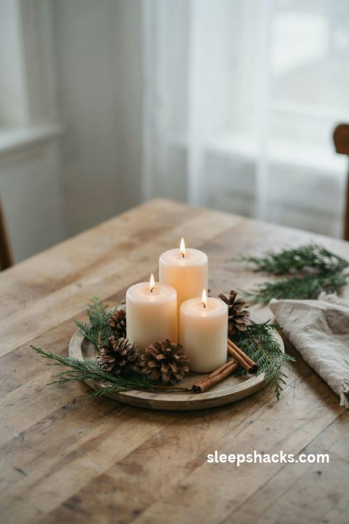Small Christmas centerpiece with cream candles pinecones cedar sprigs and cinnamon sticks
