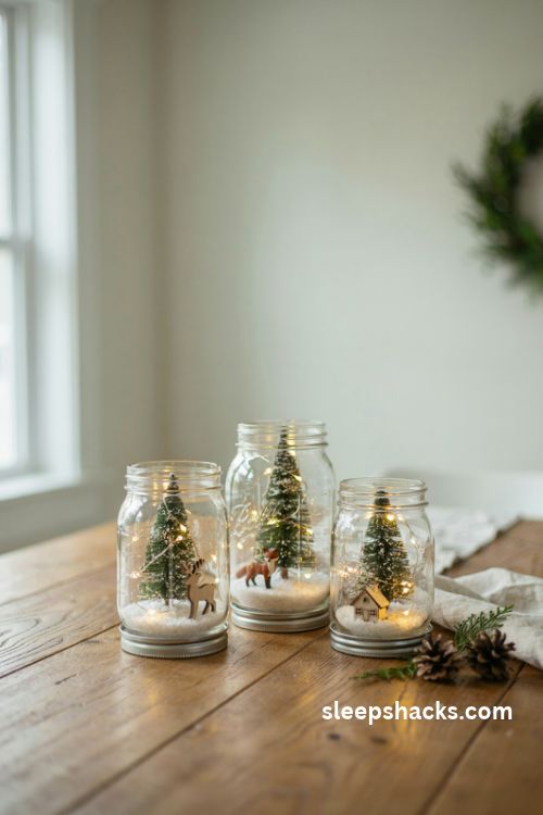 Small Christmas centerpiece with glowing mason jar snow scenes and miniature evergreen trees
