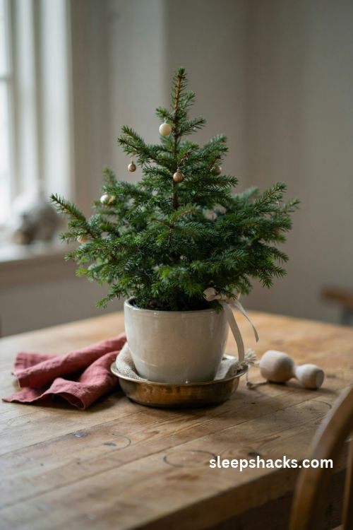 Small Christmas centerpiece with tiny potted evergreen in a ceramic pot and brass bowl
